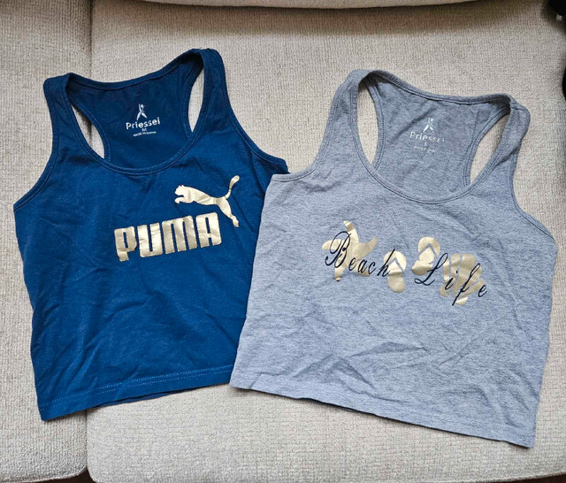 Grey and Blue Cropped Racerback Tank Tops
