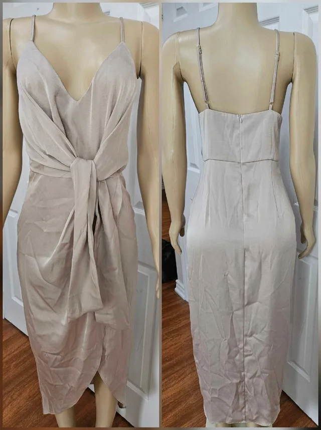 Shiny Beige V Cut Long Dress thumbnail