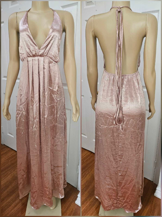 Long Metallic Pink Low Cut Backless Halter Dress