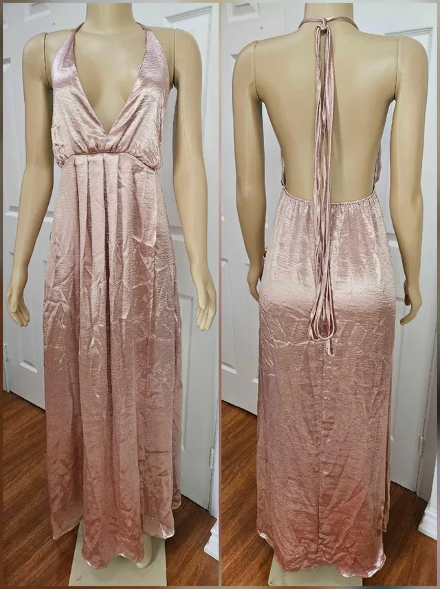 Long Metallic Pink Low Cut Backless Halter Dress thumbnail