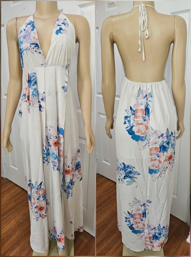White Long Floral Backless Halter Dress
