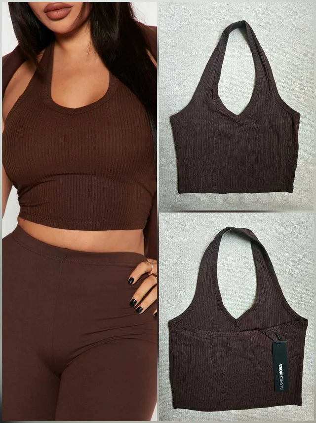 New With Tags! Cropped Chocolate Brown Halter Top thumbnail