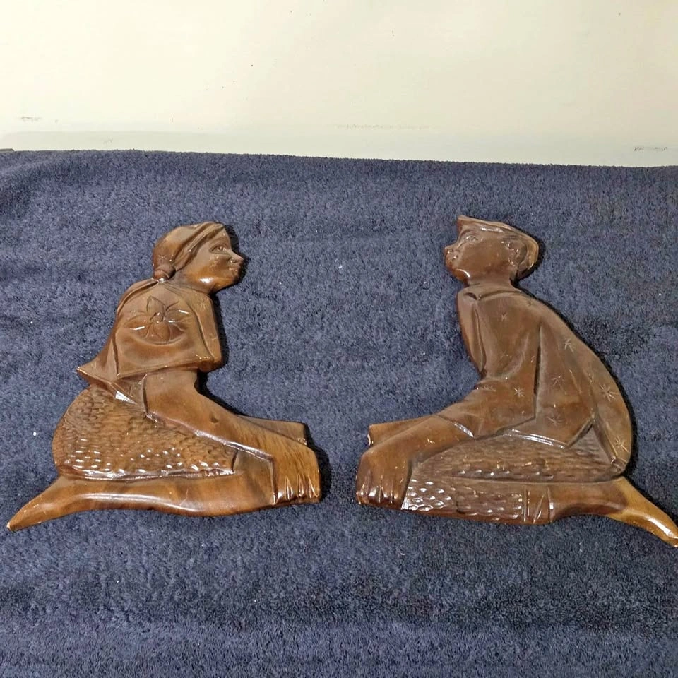 Vintage Hand-Carved Wooden Figurine Wall Art (Boy & Girl Pair)