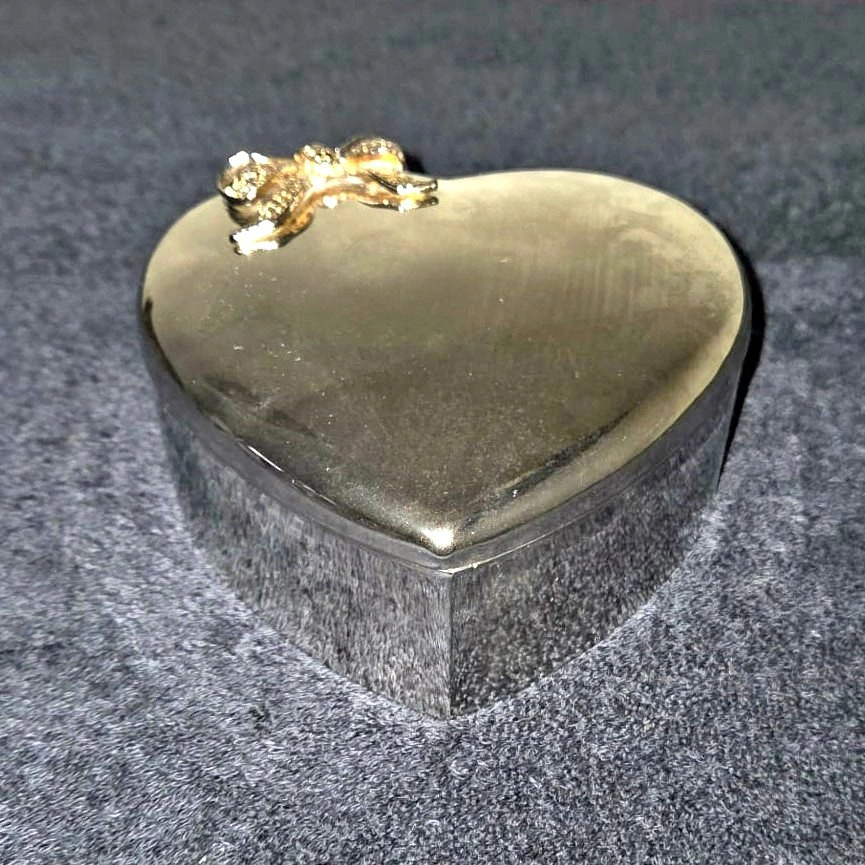 Vintage Silver-Plated Heart Trinket Box w/ Gold Bow