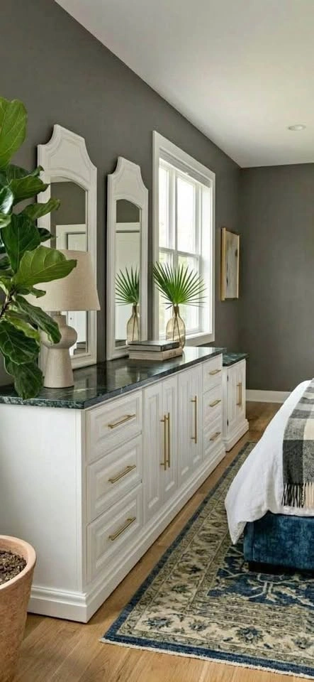 White Dresser with Stone Top and Gold Hardware