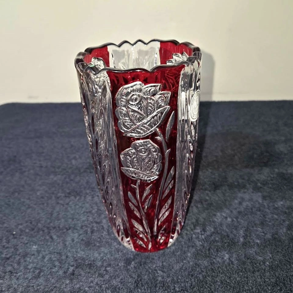 German-Made Crystal Clear Red Cut-to-Clear Vase - 24% Lead Cryst