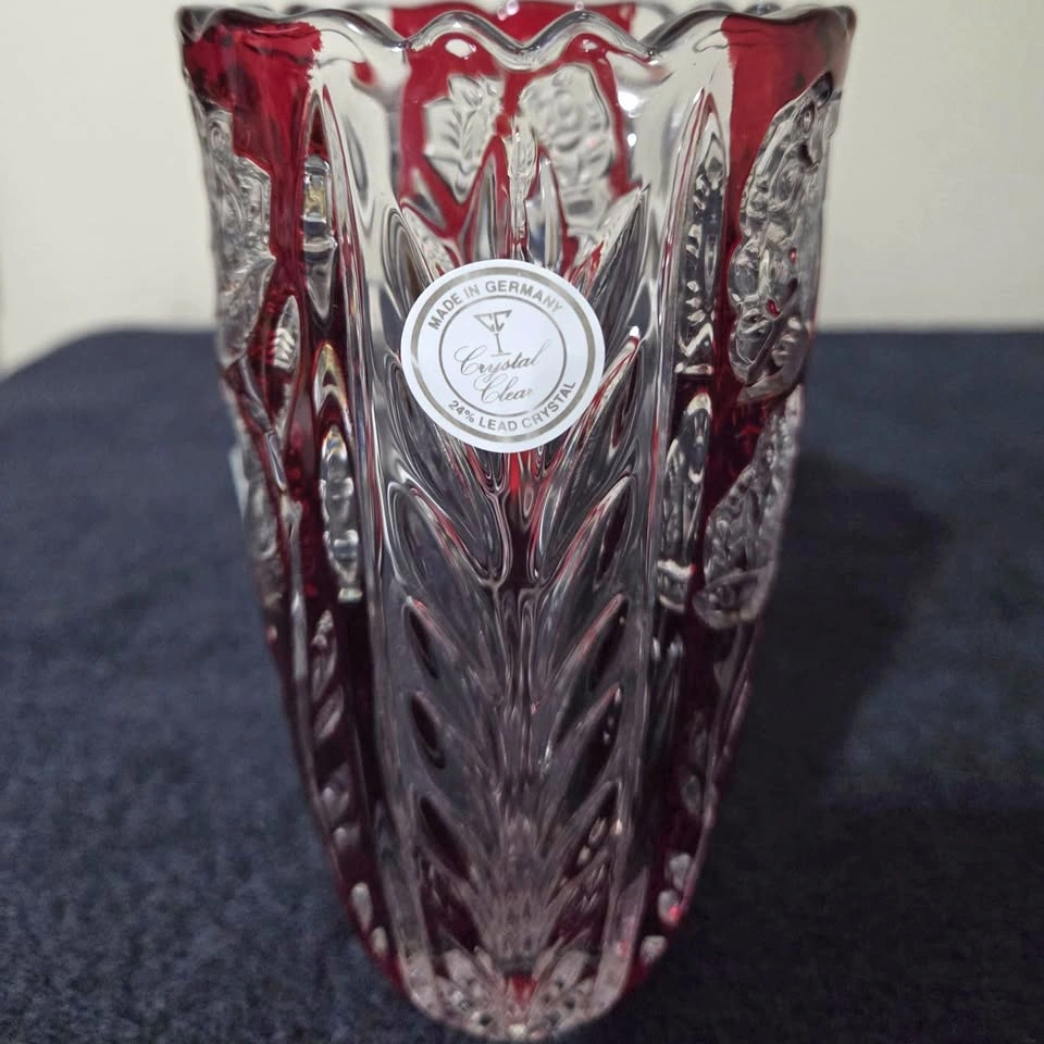 German-Made Crystal Clear Red Cut-to-Clear Vase - 24% Lead Cryst - photo 3