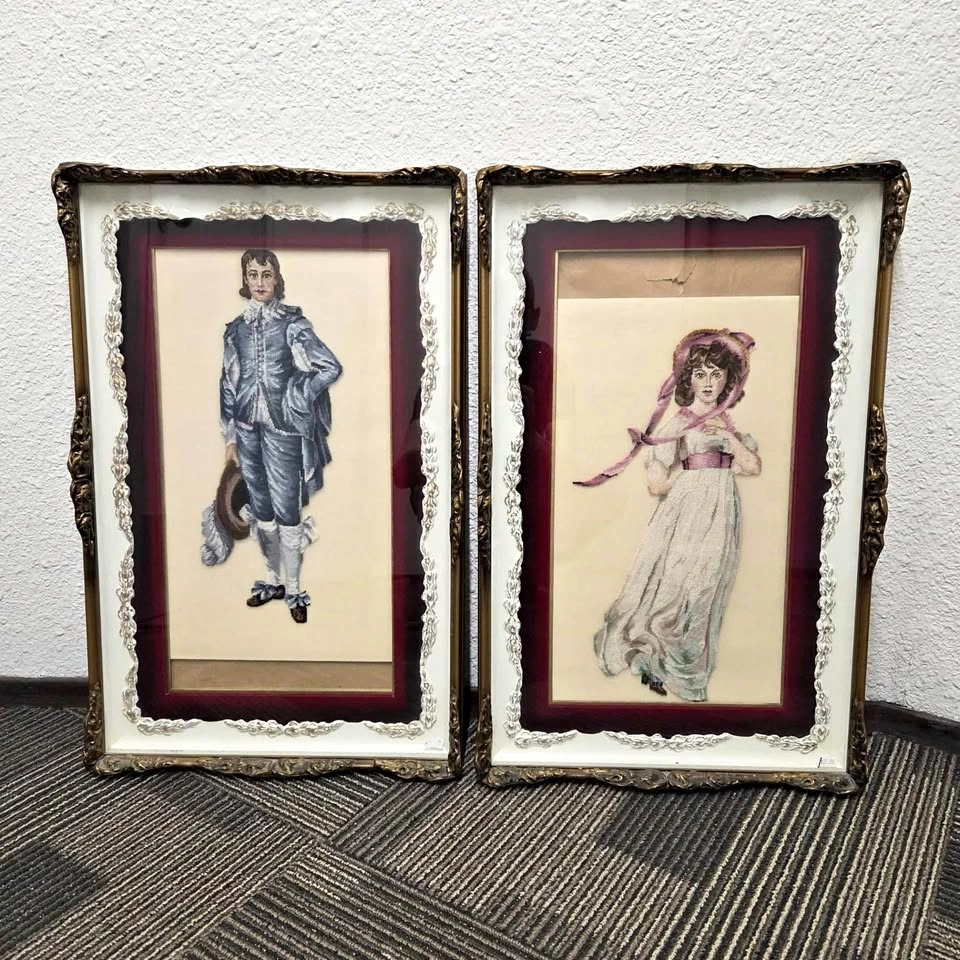 Vintage “Pink Lady & Blue Boy” Needlepoint – Ornate Gilt Frames