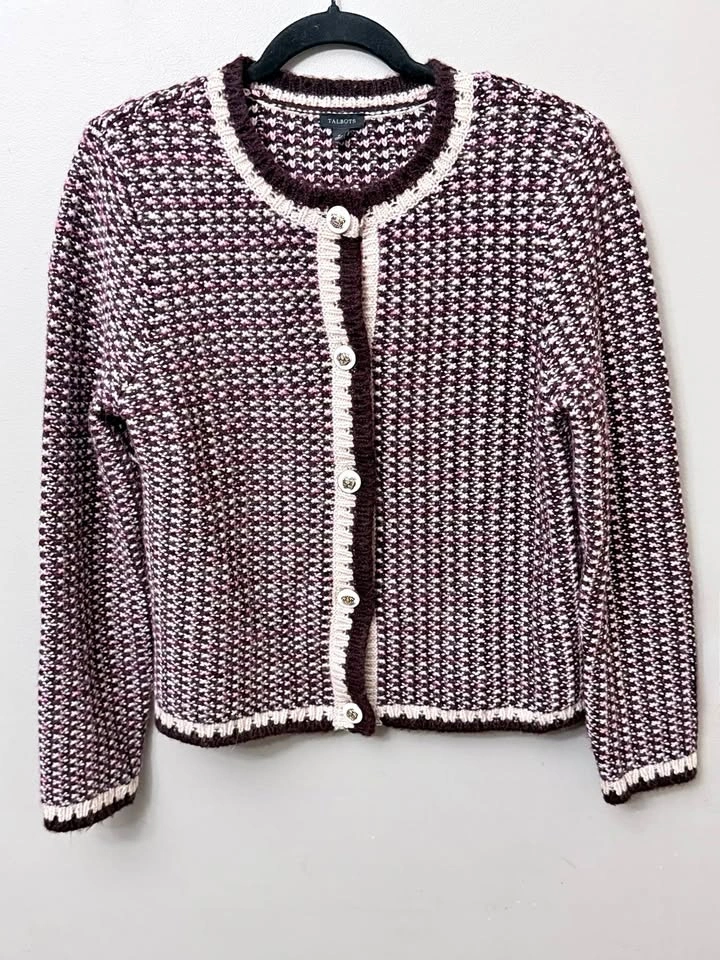 Talbots Tweed Cardigan Sweater / Knit Jacket - Burgundy Size M