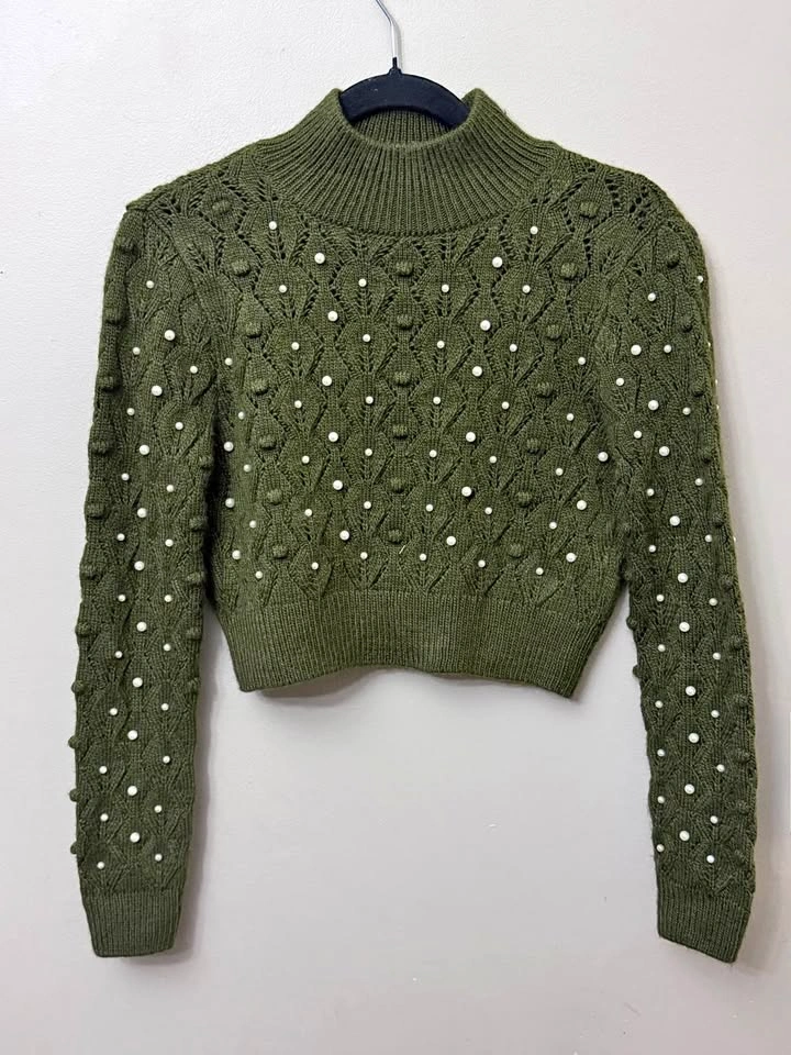 Zara Olive Green Pearl-Embellished Mock Neck Cropped Sweater