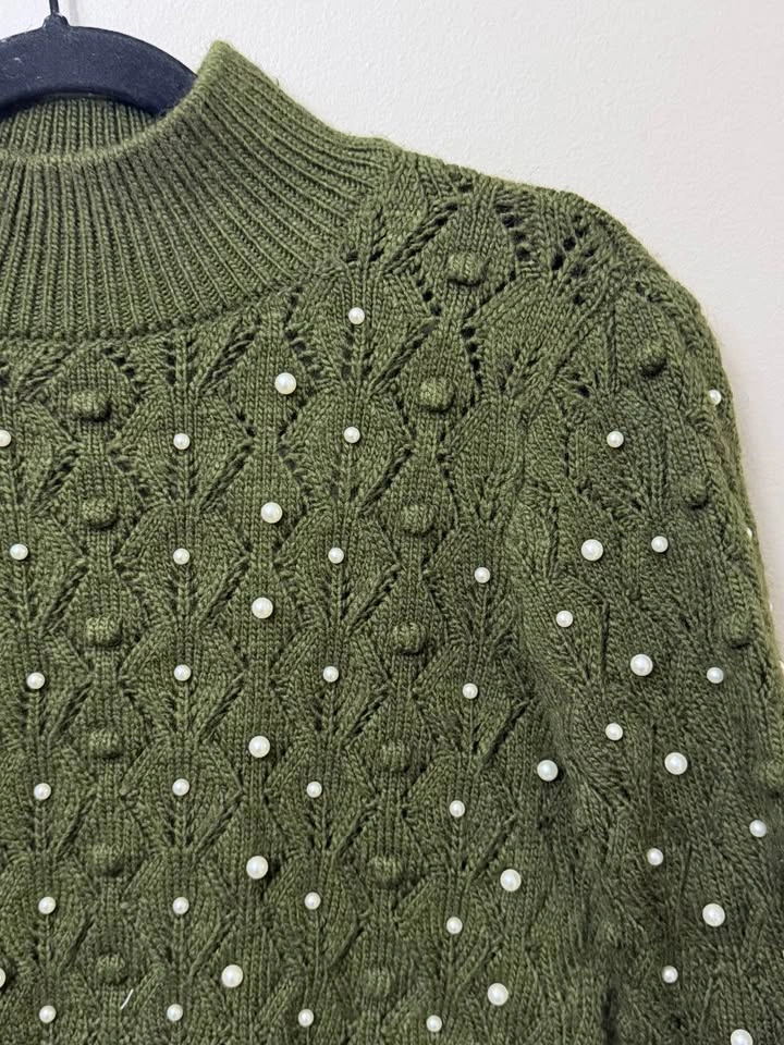 Zara Olive Green Pearl-Embellished Mock Neck Cropped Sweater - photo 2