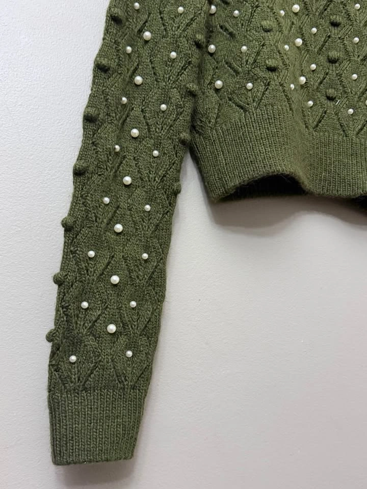 Zara Olive Green Pearl-Embellished Mock Neck Cropped Sweater - photo 3