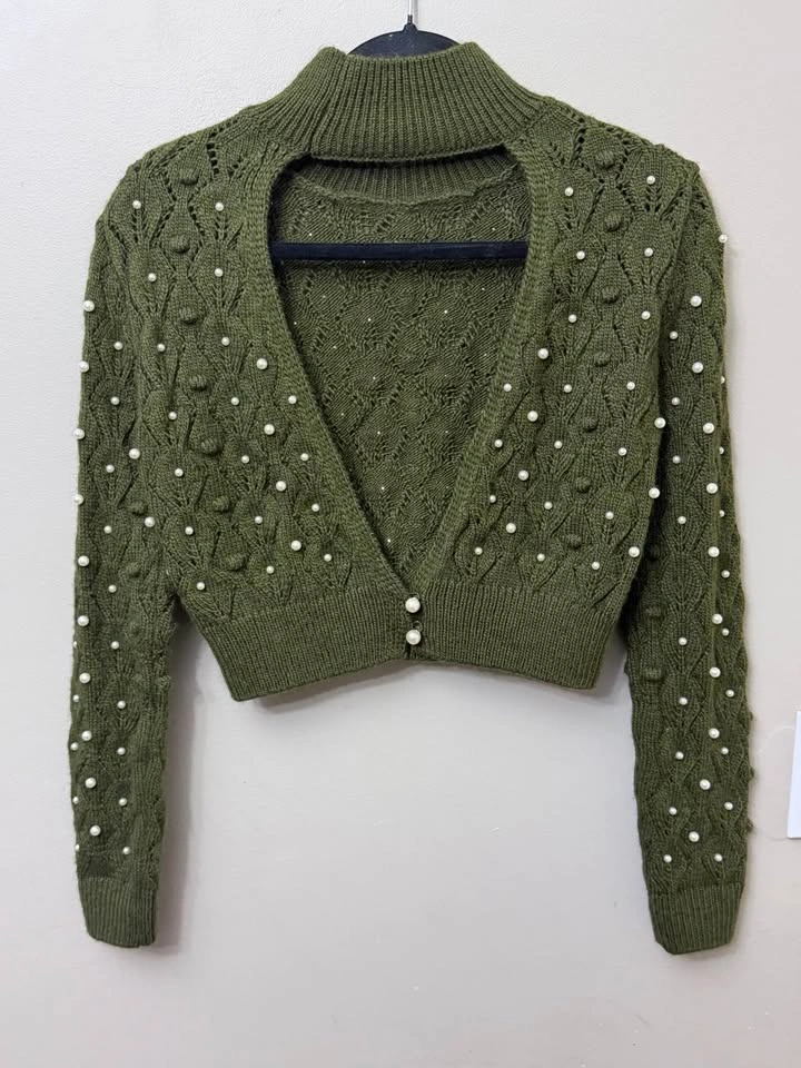 Zara Olive Green Pearl-Embellished Mock Neck Cropped Sweater - photo 4