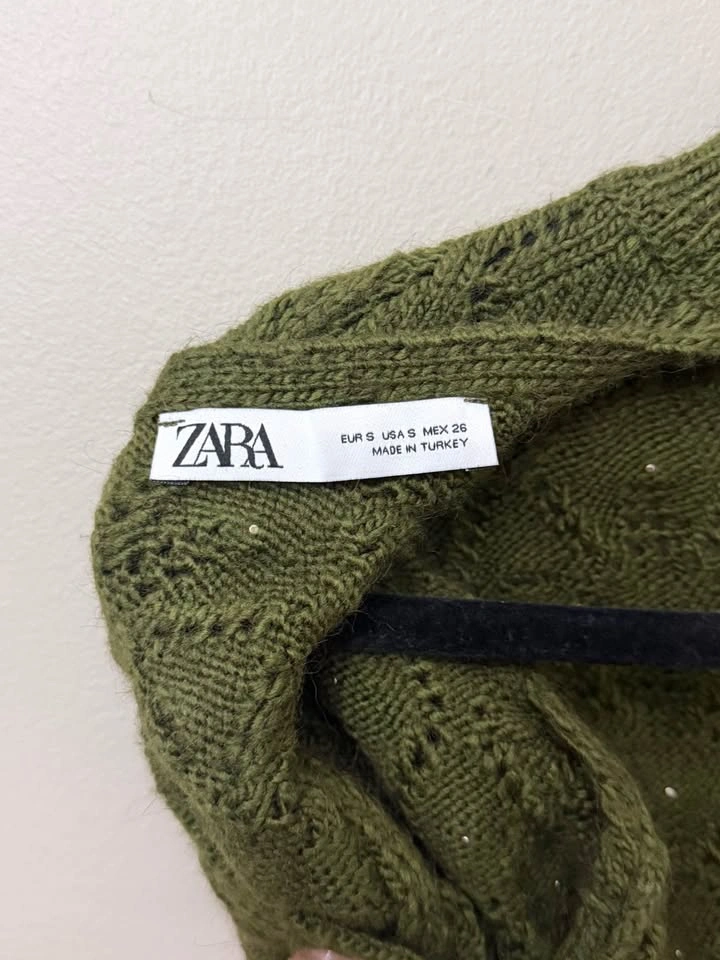 Zara Olive Green Pearl-Embellished Mock Neck Cropped Sweater - photo 5