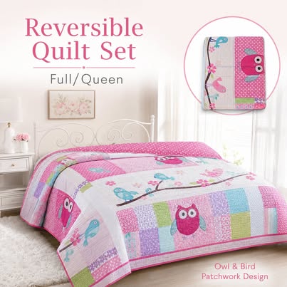 Reversible Full/Queen Quilt Set – Owl & Bird Patchwork Pink