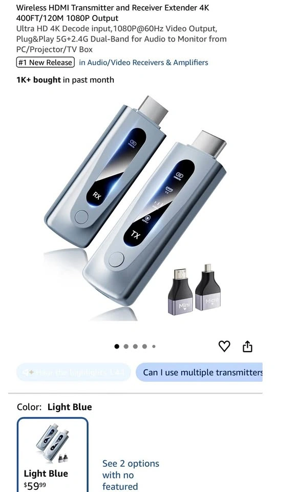 Wireless HDMI Transmitter and Receiver Extender 4K 400FT/120M