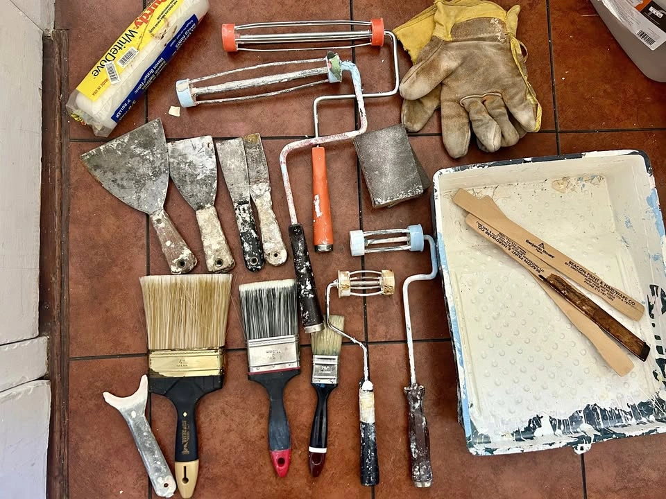 Painting & Drywall Tool Lot - Brushes, Rollers, Putty Knives & T