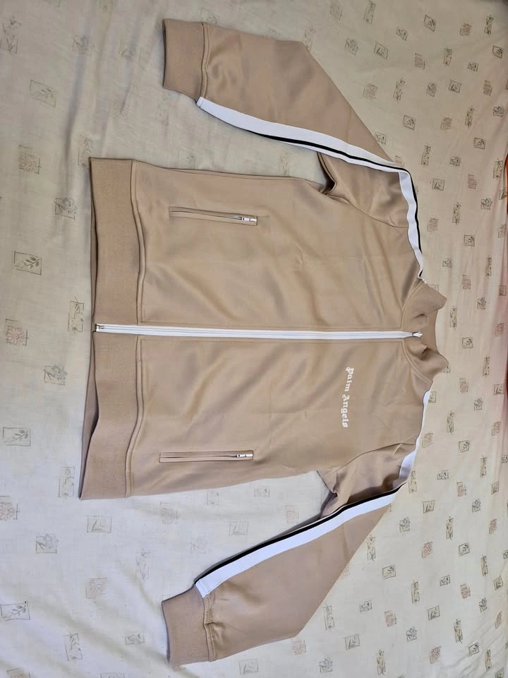 Beige Zip Up Jacket - Light Tan with White Side Stripes (Size S)