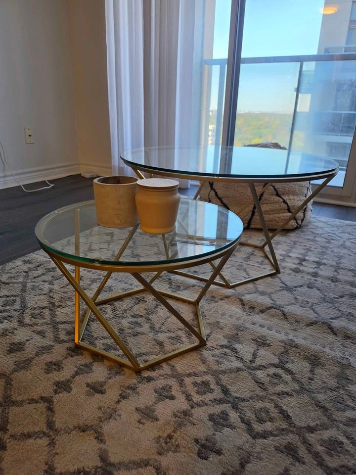 Gold Geometric Nesting Coffee Table Set with Glass Tops - photo 2
