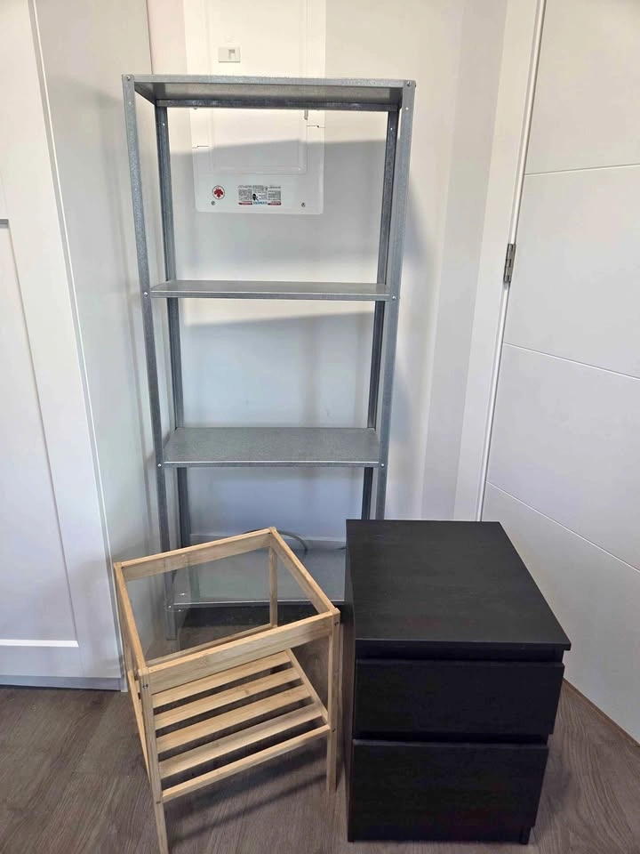 IKEA Furniture Set: Galvanized Shelf, Bamboo Side Table, and Bla