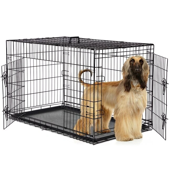 48 Inch Double Door Foldable Metal Dog Crate with Tray
