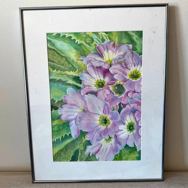 Vintage Framed Botanical Watercolor – Lavender Primroses