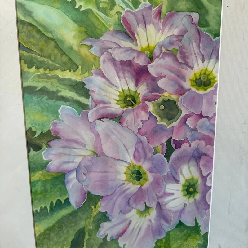 Vintage Framed Botanical Watercolor – Lavender Primroses - photo 2