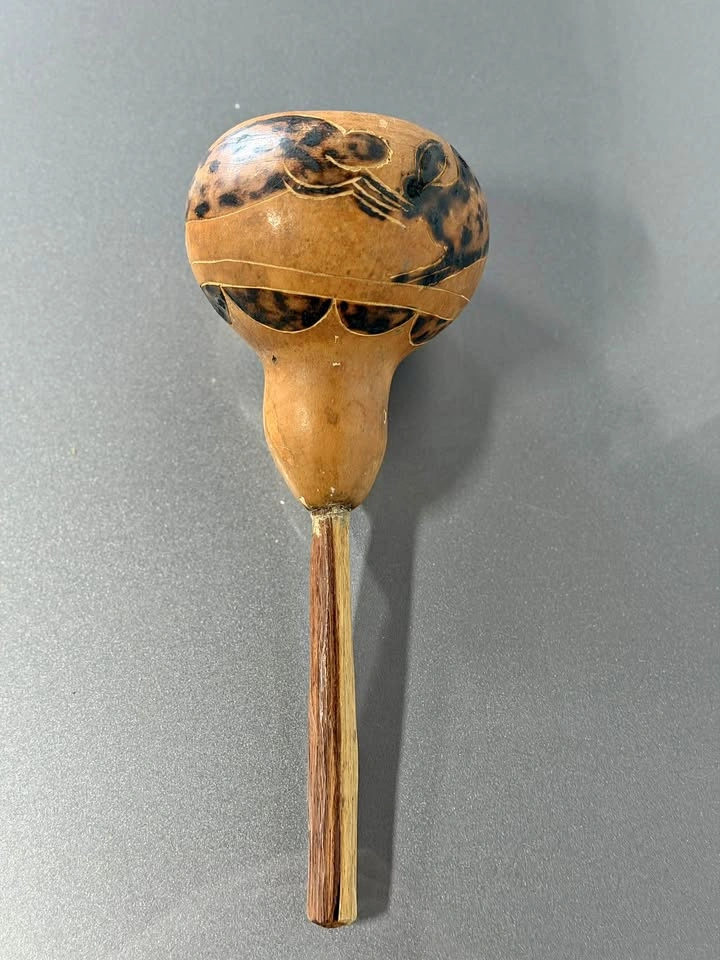 Antique Zambian Hand-Carved Gourd Rattle with Rabbit Motif