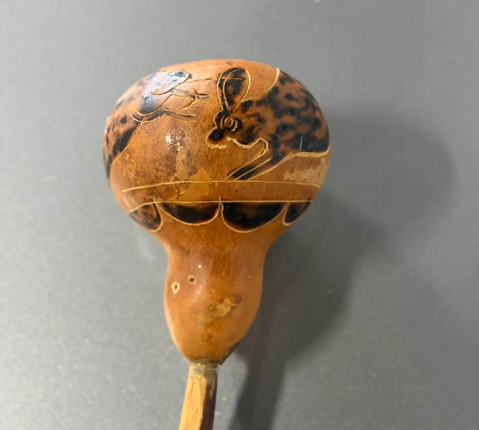 Antique Zambian Hand-Carved Gourd Rattle with Rabbit Motif - photo 3