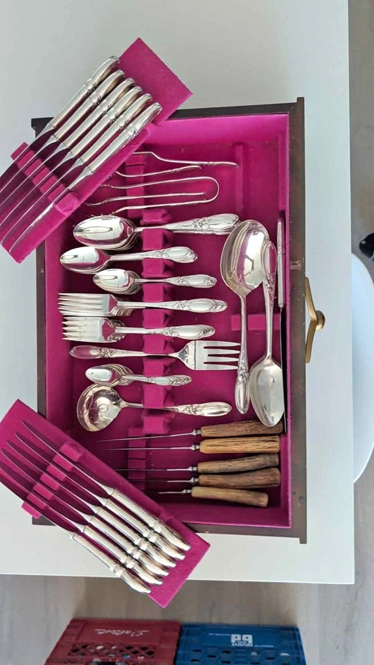 Vintage Silverware Flatware Set with Wooden Storage Box