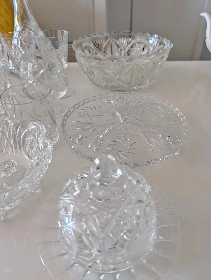 Vintage Cut Crystal Glassware Set - Decanters, Bowl, Stemware