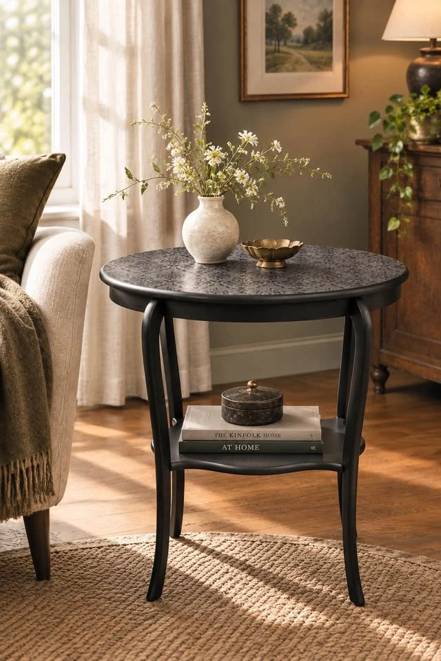 Refinished Oval 2 Tier Table-Stencilled with Damask Pattern