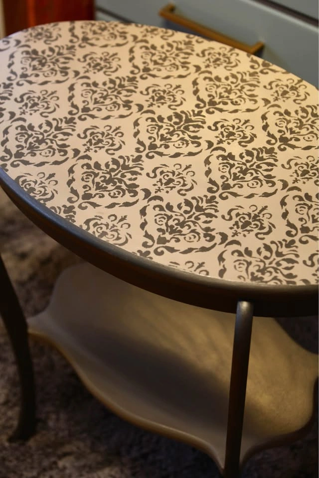 Refinished Oval 2 Tier Table-Stencilled with Damask Pattern - photo 3