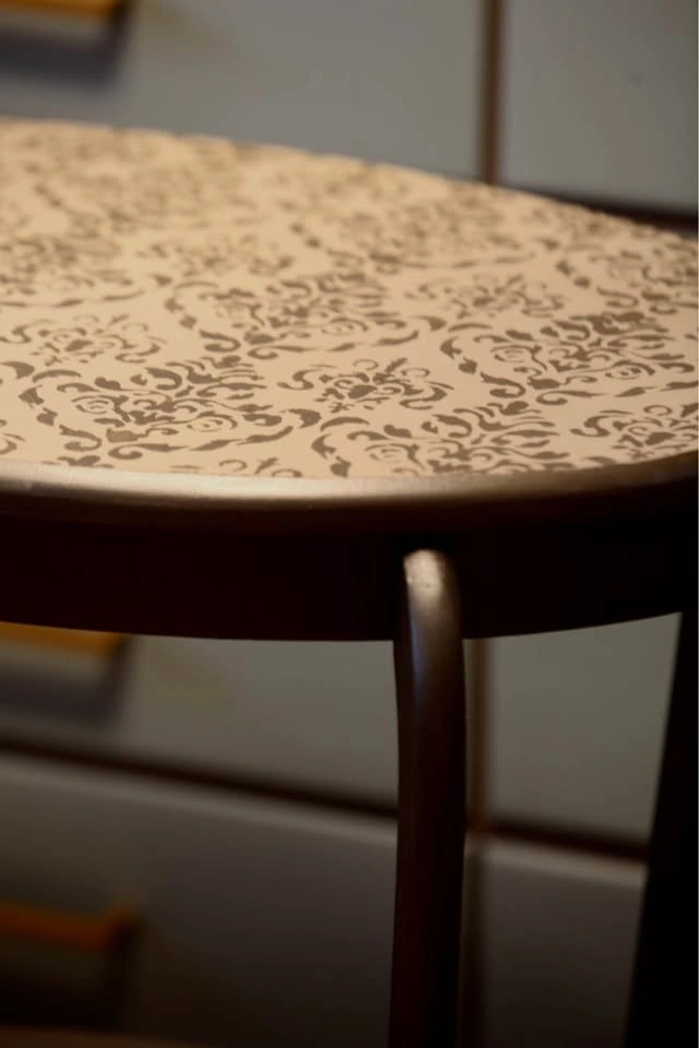 Refinished Oval 2 Tier Table-Stencilled with Damask Pattern - photo 4