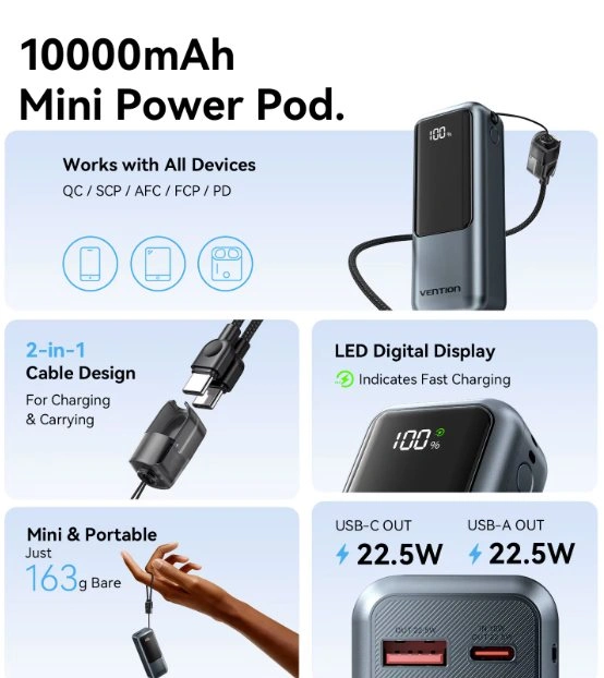 Vention 10000mAh Mini Power Bank 22.5w Portable Charger - photo 4