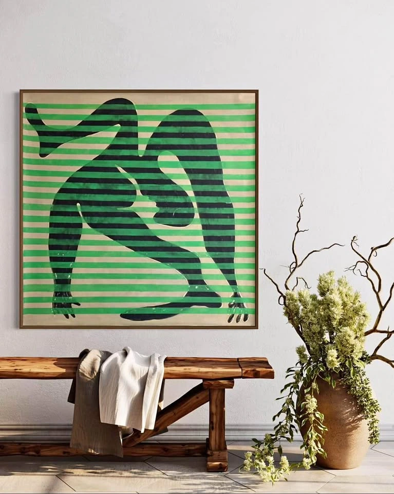 Large 40x40” Modern Abstract Figural Canvas Art - (Green & Black