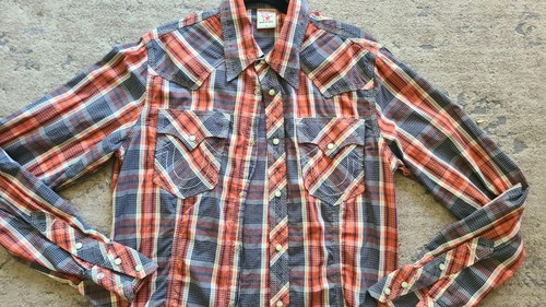 True Religion Western Pearl Snap Shirt Mens L Red Blue Plaid