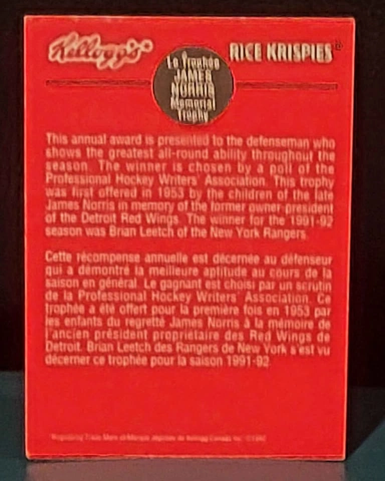 RARE 1992-93 Kelloggs Rice Krispies James Norris Trophy Card #6 - photo 2