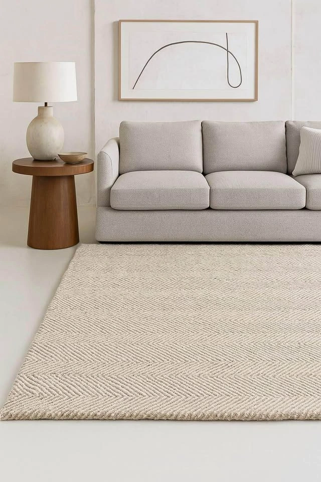Handcrafted 100% Wool Herringbone Area Rug – 8’ x 10’ – Sand Bei