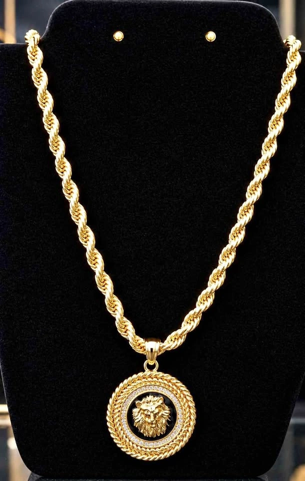 Gold-tone Lion Head Medallion Pendant on Rope Chain