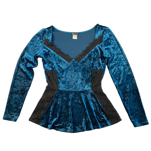 Venus Blue Velvet Top XS Lace Princess Seam Sweetheart