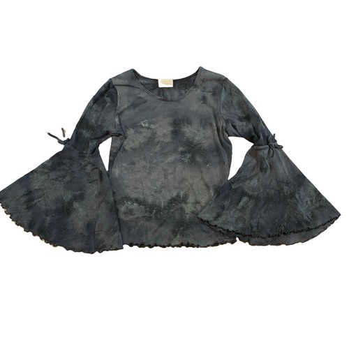 Vintage Y2K Tie Dye Top XS Grey Flare Bell Sleeve Lettuce Hem