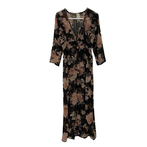 Japna Sheer Black Duster Large Cover Up Cardigan Floral Rose Sku