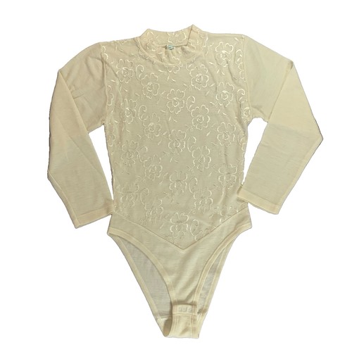 Vintage Mock Neck Bodysuit XS Cream Ivory Floral Embroidered