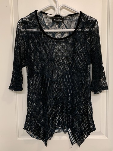 VTG 90s Y2K Creation Mesh Top Teal Black Fishnet Open Knit