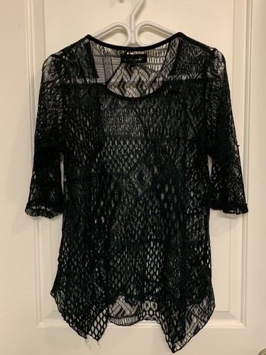 VTG 90s Y2K Creation Mesh Top Teal Black Fishnet Open Knit - photo 2