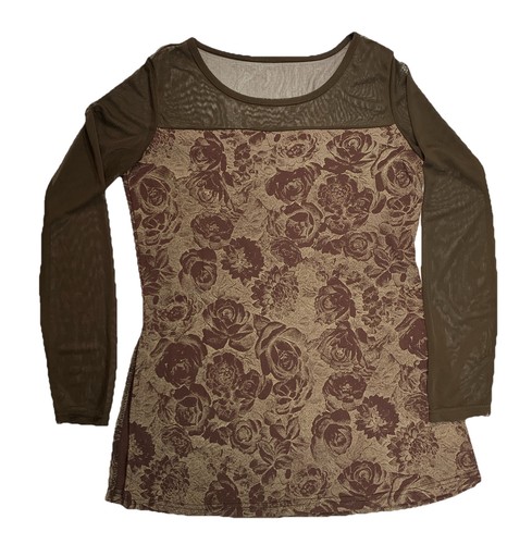 Brown Floral Mesh Top Small Rose Side Slits Stretch Bodycon