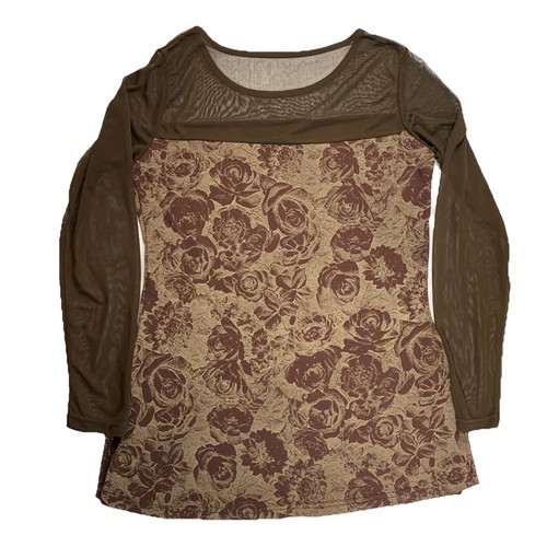 Brown Floral Mesh Top Small Rose Side Slits Stretch Bodycon - photo 2