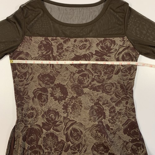 Brown Floral Mesh Top Small Rose Side Slits Stretch Bodycon - photo 3