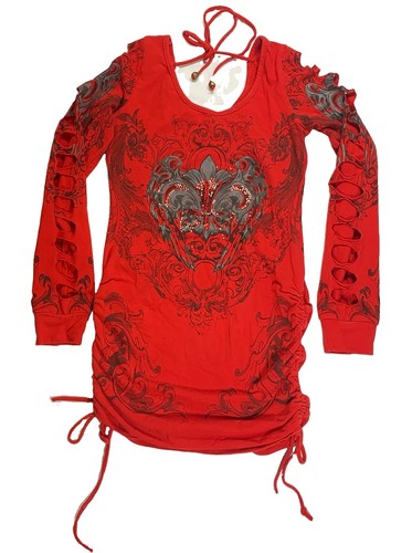 Y2K 3R Streetwear Cut Out Dress Small Red Rhinestones Bodycon